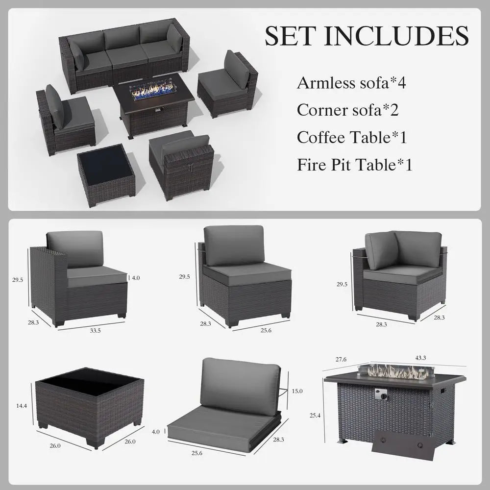 8 Pieces Patio Furniture Set with Fire Pit Table, All Weather Rattan Outdoor Furniture with 29.5 High Backrest 4 Thick Cushions