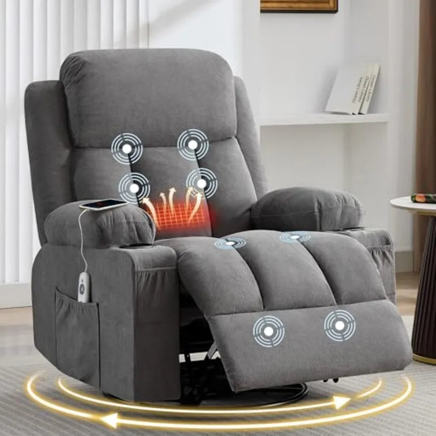 Swivel Rocker Recliner Chair with Vibration Massage and Heat for Living Room, with Rocking Function and Side Pocket, USB Charge