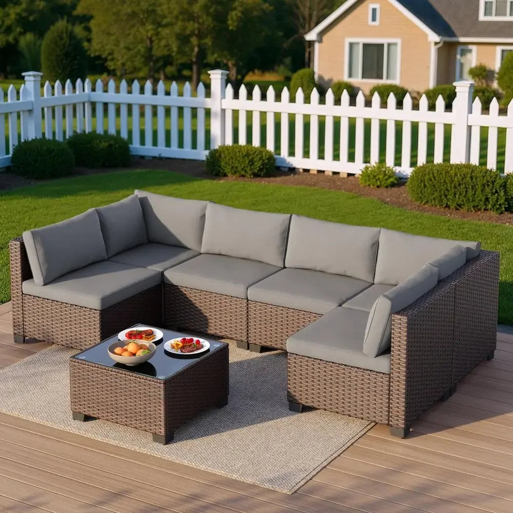 7 Pieces Outdoor Patio Furniture Set, PE Rattan Outdoor Wicker Sectional Furniture Sofa Set, with Cushions and Glass Coffee Tab