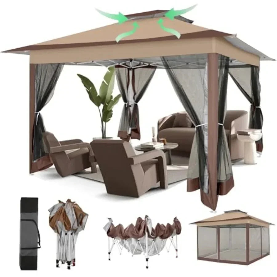Pop Up Gazebos On Clearance - Upgrade Easy Up Metal Outdoor Gazebo Waterproof - Portable Gazebo with Mosquito Nettings, 4 Ropes