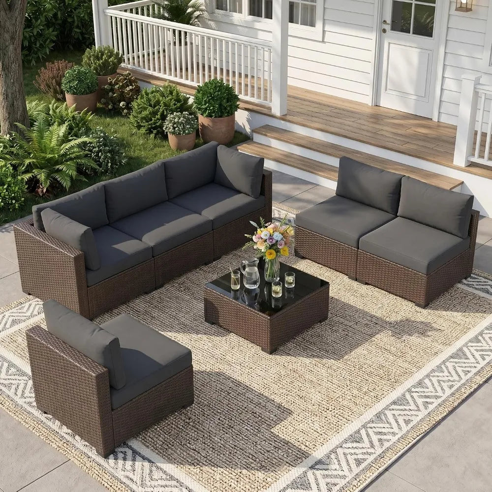 7 Piece Wicker Rattan Patio Conversation Set, Outdoor Sectional Sofa, Custom