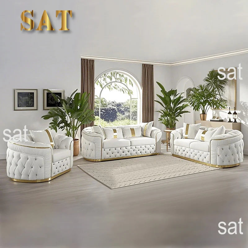 #Factory Outlet European Luxury Rose Gold Leg White Sectional Sofa Genuine Leather Modern Modular Button Tufted LivingRoom Couch