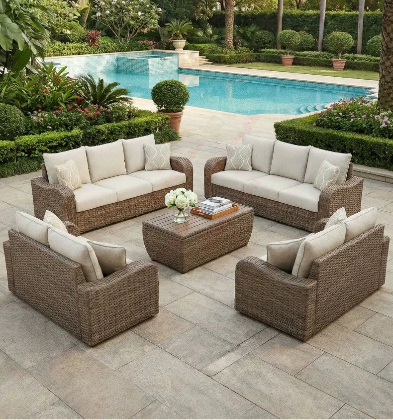 Outdoor PE Rattan Sofa Table Set, Waterproof Sun‑Resistant Patio Furniture for Garden, Balcony and Backyard Leisure Use