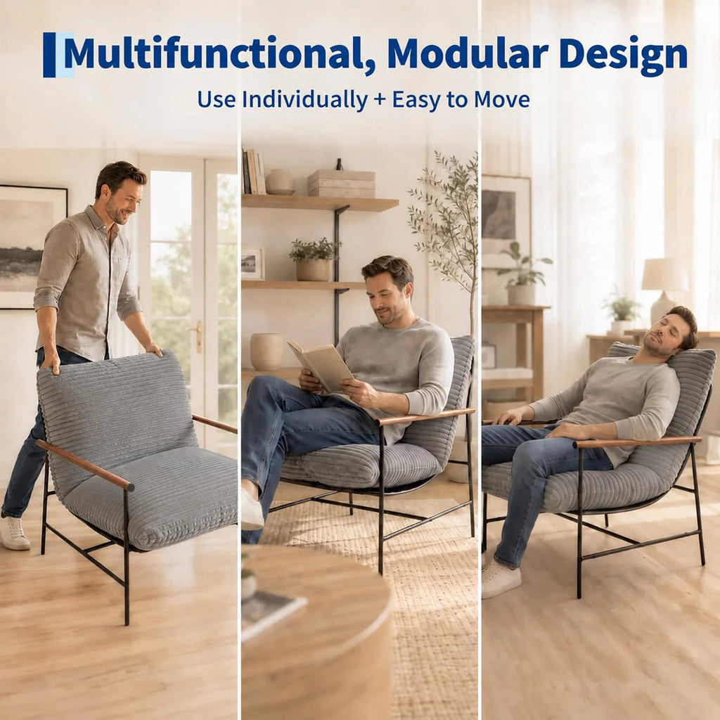 Oversized Accent Chair for Living Room, Deep Seat Corduroy Lounge Reading Chair With Wood Arms, Metal Frame For Bedroom Apartment
