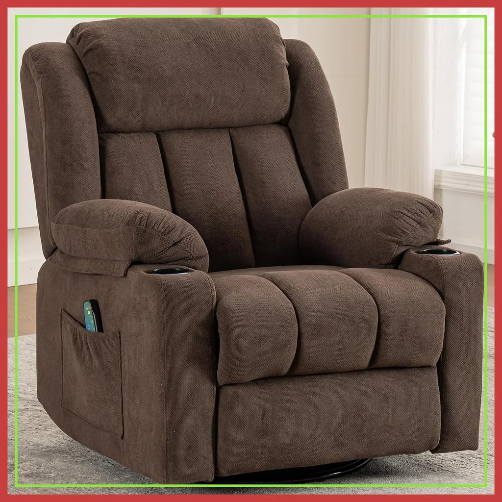 Swivel Recliner Chair with Massage Heat, Rocking Glider, Overstuffed Fabric Living Room Sofa