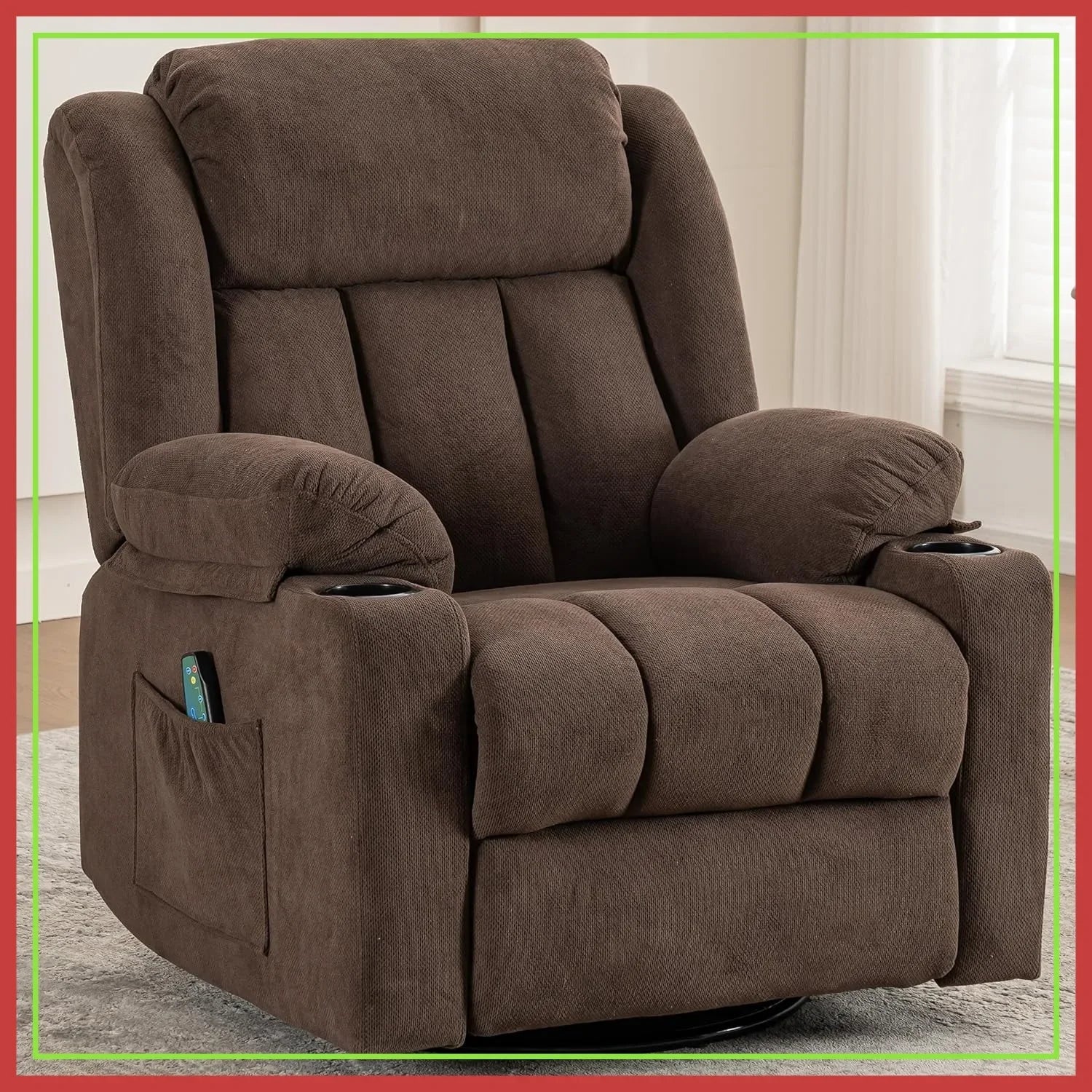 Swivel Recliner Chair with Massage Heat, Rocking Glider, Overstuffed Fabric Living Room Sofa