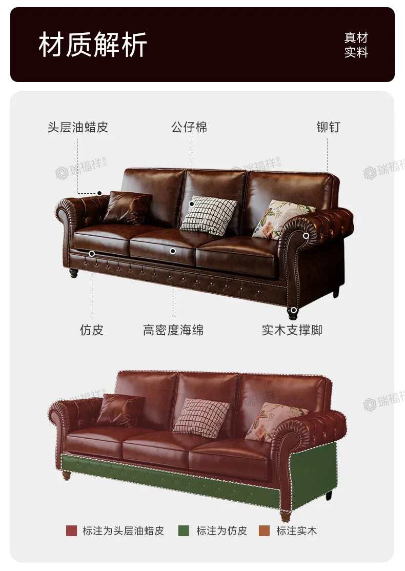 4-10 genuine leather sofa, living room 3-4 seater sectional, vintage oil wax leather brown straight sofa