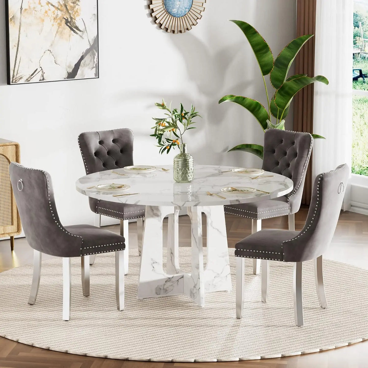 47" Round Farmhouse Dining Table Set, White Faux Marble with 4 Blue Velvet Chairs, Wooden Kitchen & Dining Furniture, Customized