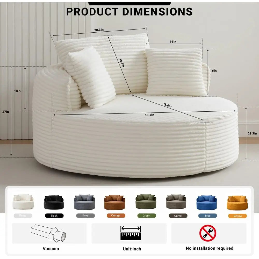 Oversized Round Chaise Lounge Chair Indoor, 55" Corduroy Deep Seat Floor Sofa for Living Room, Beige