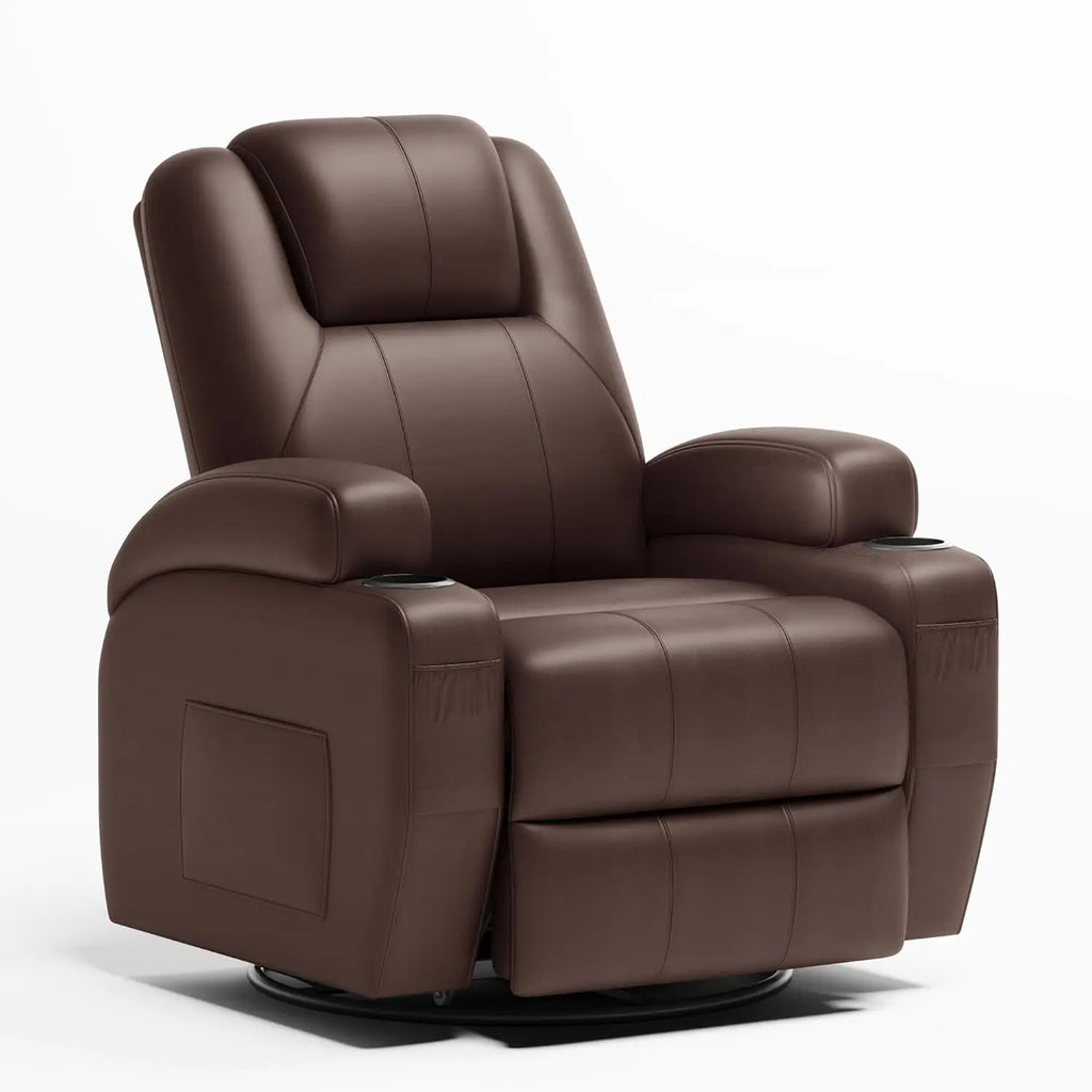 #Swivel Rocker Recliner Chair Vibration Massage 360° Ergonomic Lounge Cup Holders Leather Brown, Customized