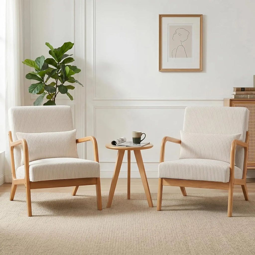 Mid Century Modern Upholstered Fabric Accent Armchairs Set of 2 with Lumbar Pillows & Solid Rubberwood Frame, Customized