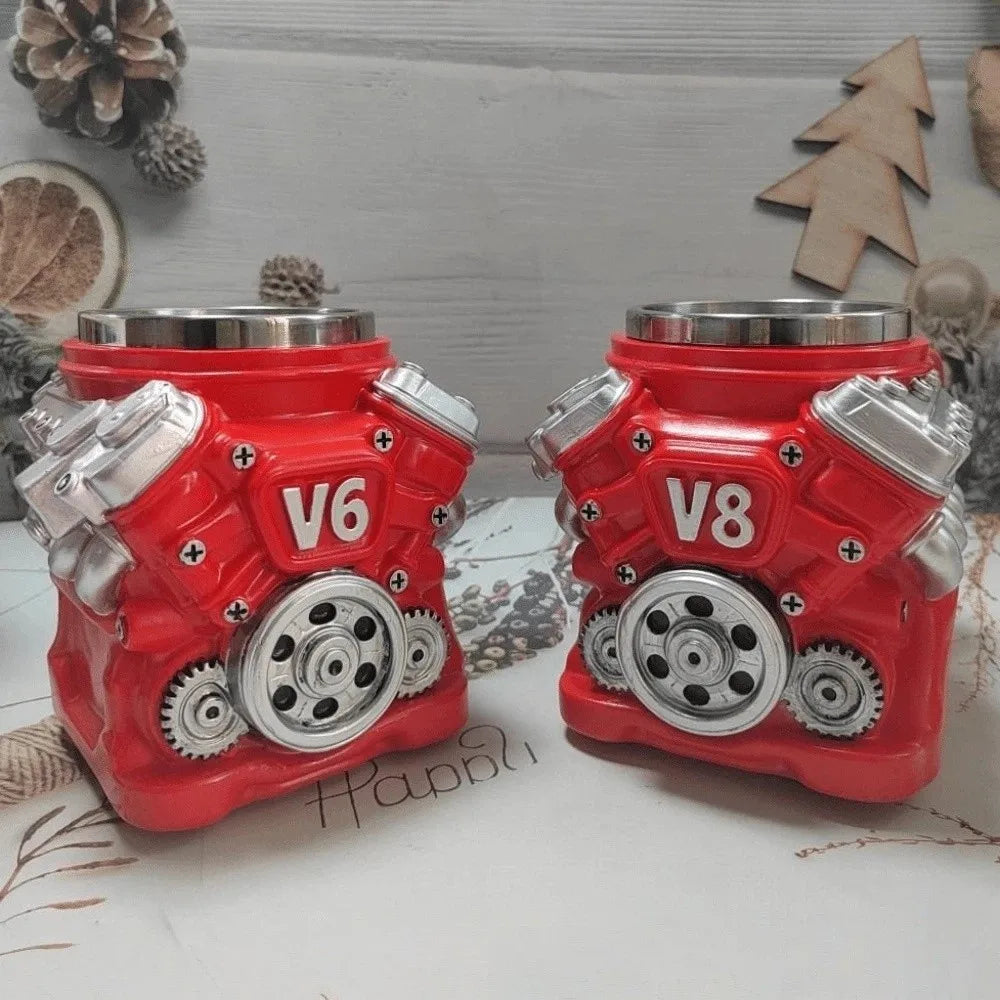 Retro Engine Coffee Mug Double Wall 180ML V8 Engines Stainless Steel Cup with Handle Realistic Design Insulation Car Mug