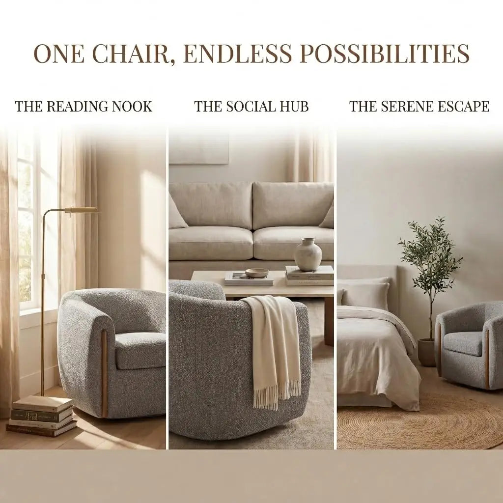 Aspen Bouclé Swivel Barrel Chair with Wood Accents – 360° Rotating Accent Armchair, High-Density Foam Cushioning,, Customized