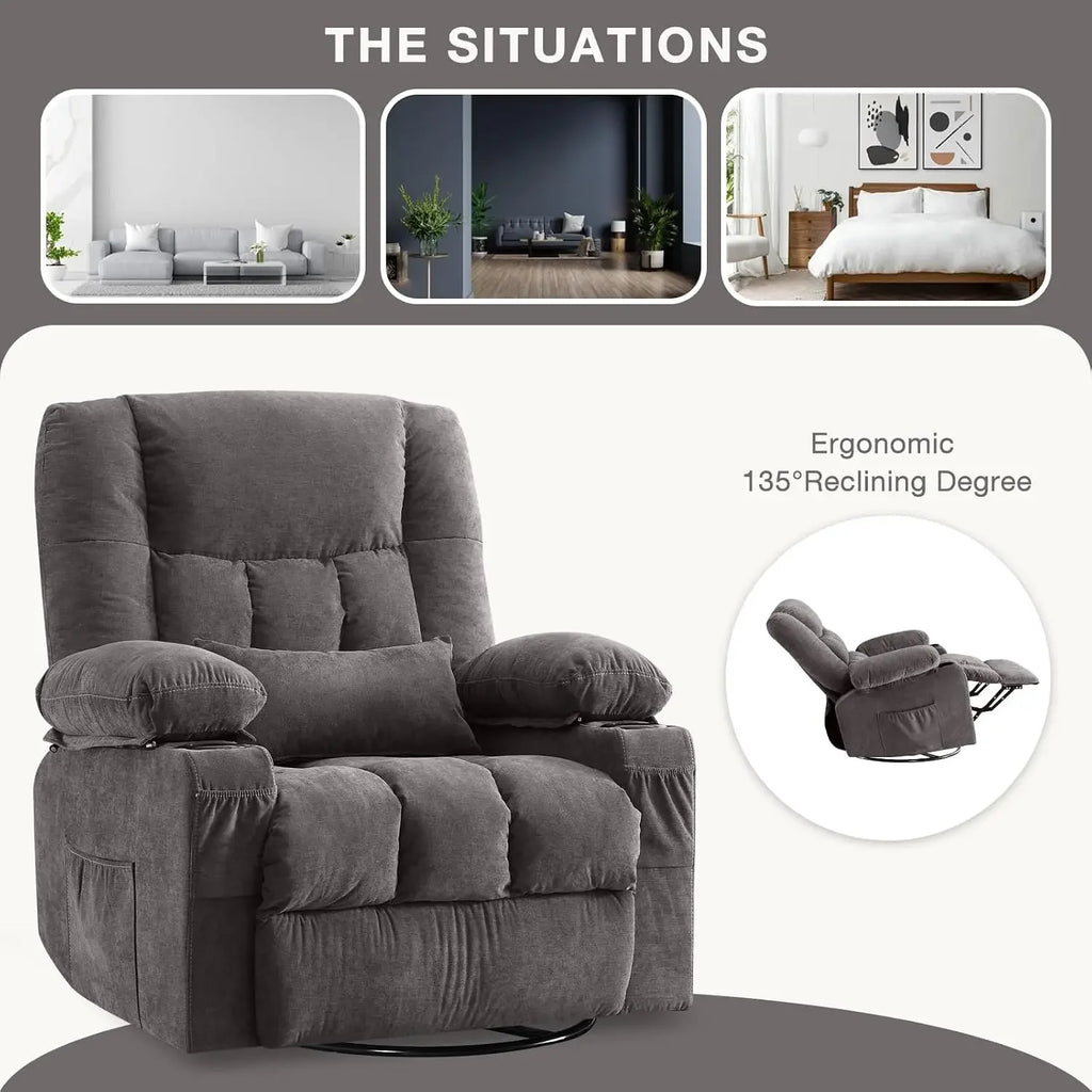 Massage Swivel Rocker Recliner Chair with Vibration & Heat, Ergonomic Lounge, USB Port, Cup Holders