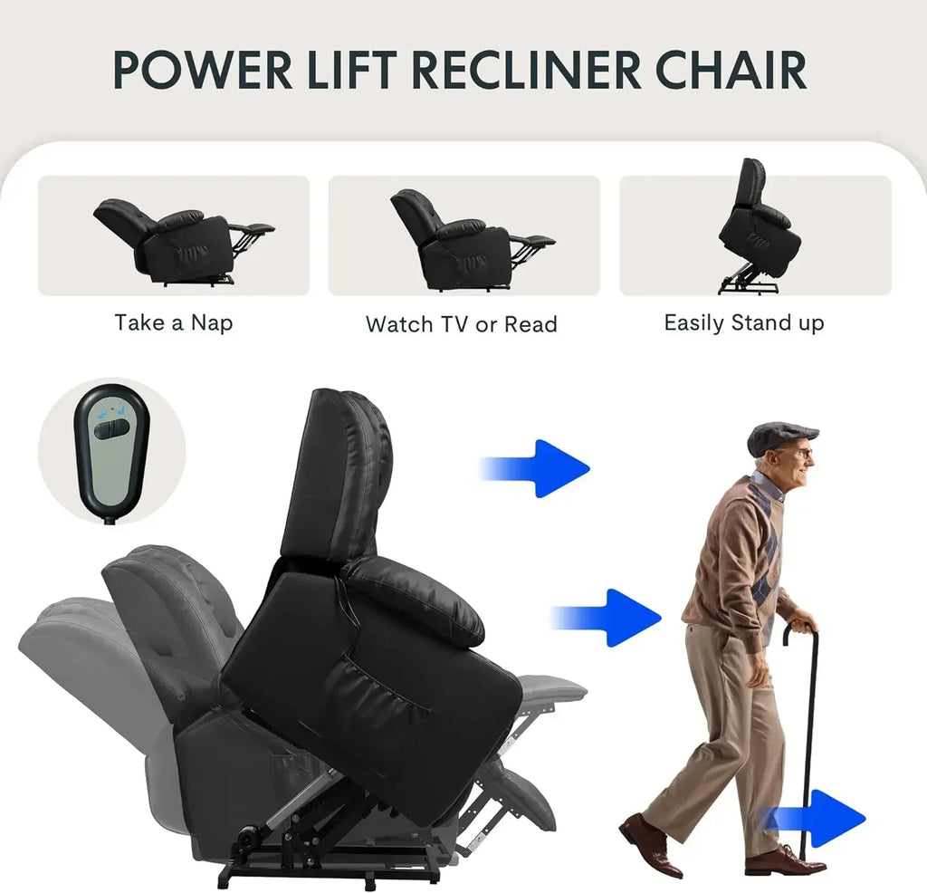 XL31 Power Lift Recliner Chair for Elderly, Electric Lift Chair with Massage & Heat, PU Leather Reclining Sofa w/Cup Holders, Si