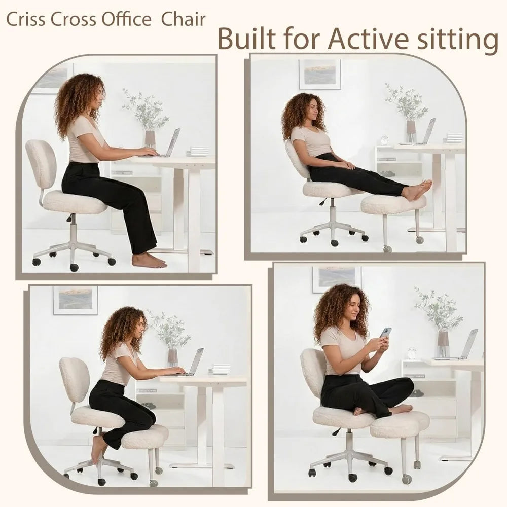 Cross Legged Chair with Wheels, Ergonomic Office Chair for ADHD, Height Adjustable, Lumbar Support, Teddy Fabric, Ivory