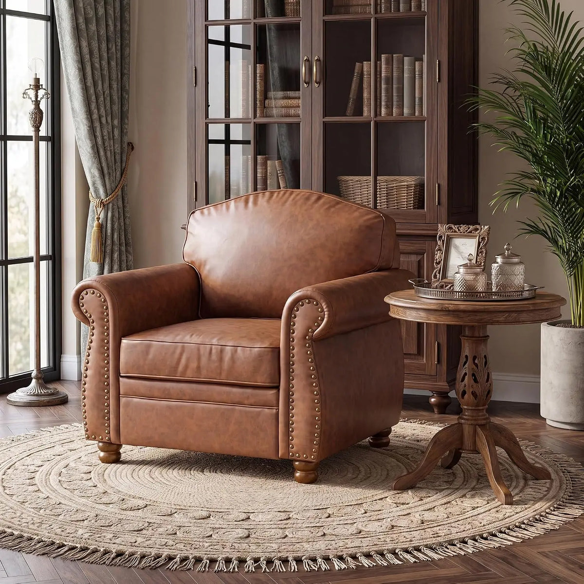 Vintage Faux Leather Armchair, 41.3", Caramel, Nailhead Trim, Rolled Arms, Wood Legs, Living Room Bedroom Apartment, Customized