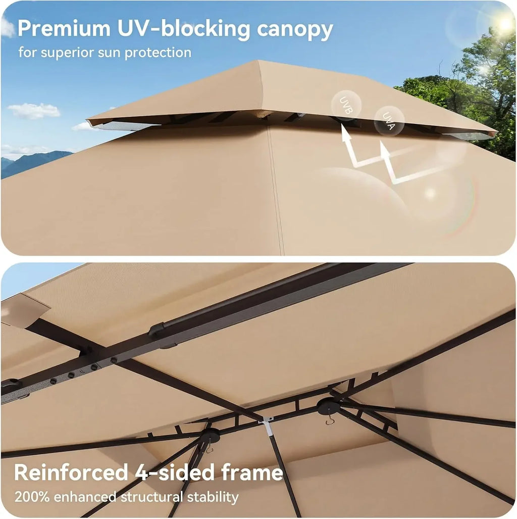 12'x10' Gazebo, Metal Frame Canopy with Double Roofs, Beige | Heavy Duty Outdoor Gazebo with Mosquito Netting and Privacy Screen