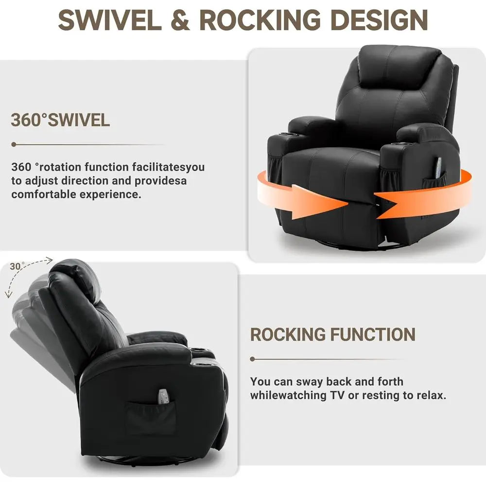 360° Swivel Massage and Heat Rocking Recliner Chair with Remote and Cup Holder for Adults