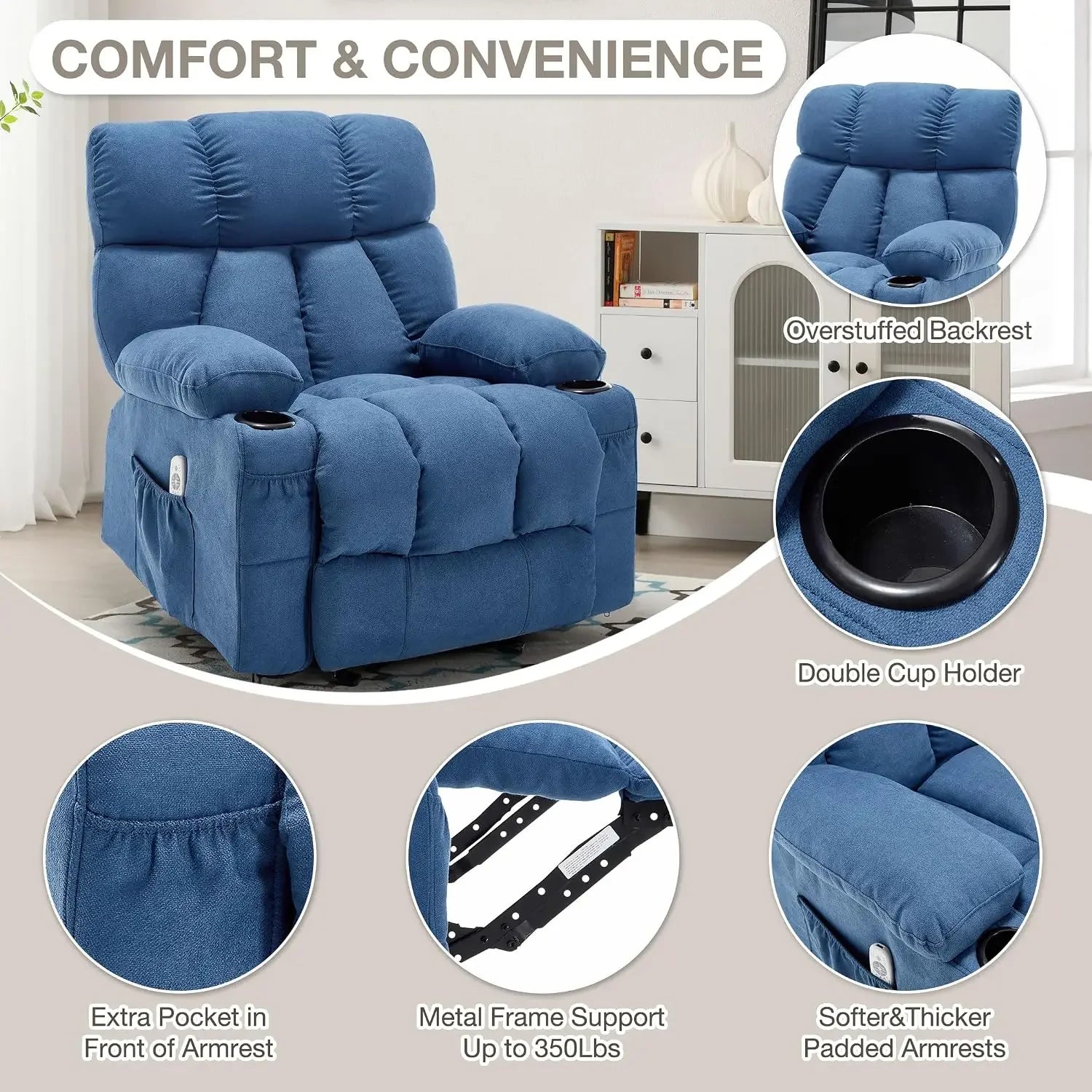 Blue Ergonomic Rocking Recliner Chair Heat Vibration Massage Lounge Living Room Storage Cup Holders