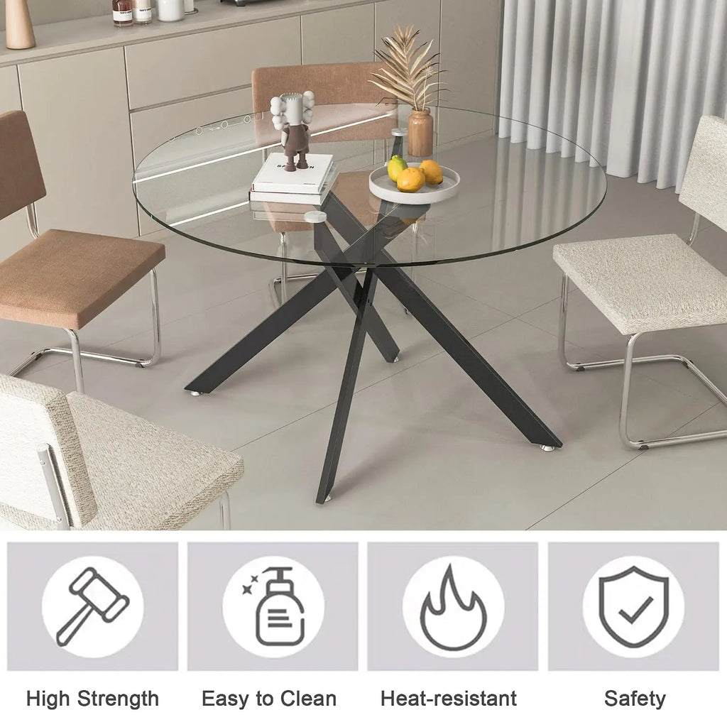 5-Piece Round Glass Dining Table Set for 4, 47.2" Circle Table with 4 Tufted Chairs for Kitchen Home Office, Customized