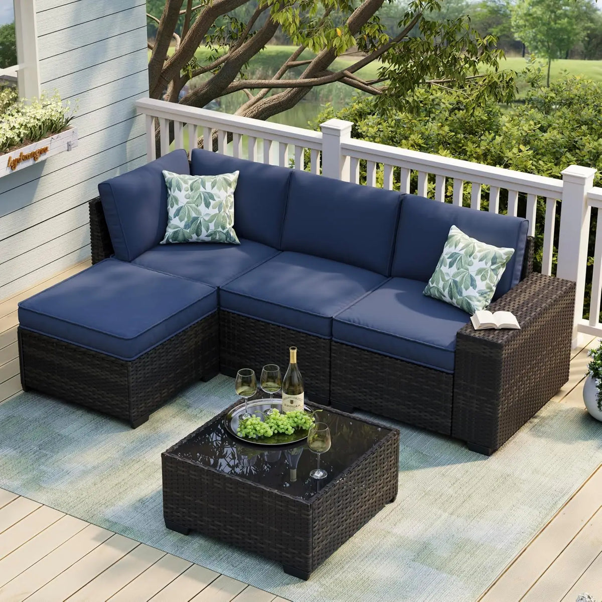 5Pcs Rattan L Shaped Patio Furniture Set,Outdoor Sofa With Waterproof Cushions&Coffee Table For Garden, Custom