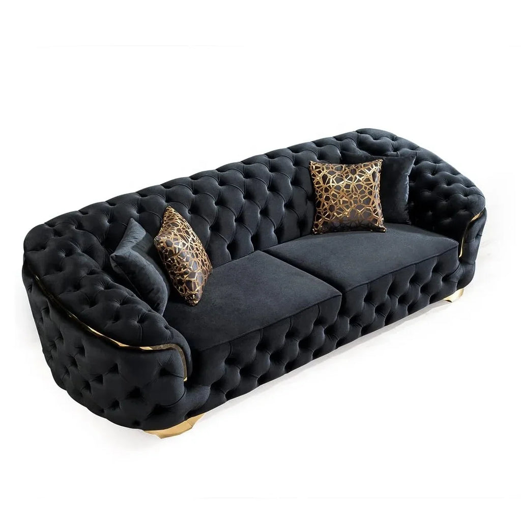 A Light Luxury Living Room Black Velvet 2 Seater Sofa With Gold Leg Upholstered Tufting Loveseat Lounge Sofas Couch Sets