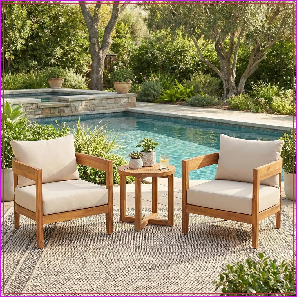 3-Piece Acacia Wood Patio Furniture Set, Outdoor Conversation Chairs with Coffee Table, Teak Beige