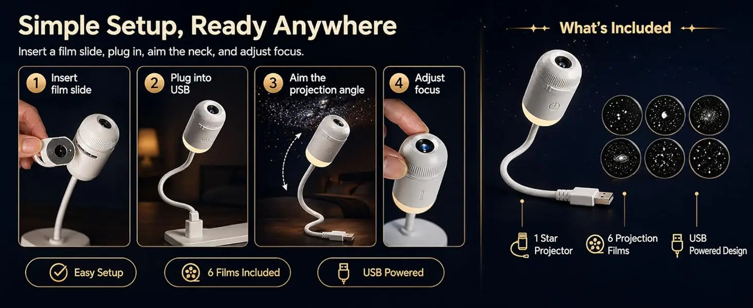 Mini USB Bedside Night Light Projection Ambient Light 36 Slides Galaxy Starry Sky Projector Lamp for Home Room Decor Kids Gifts