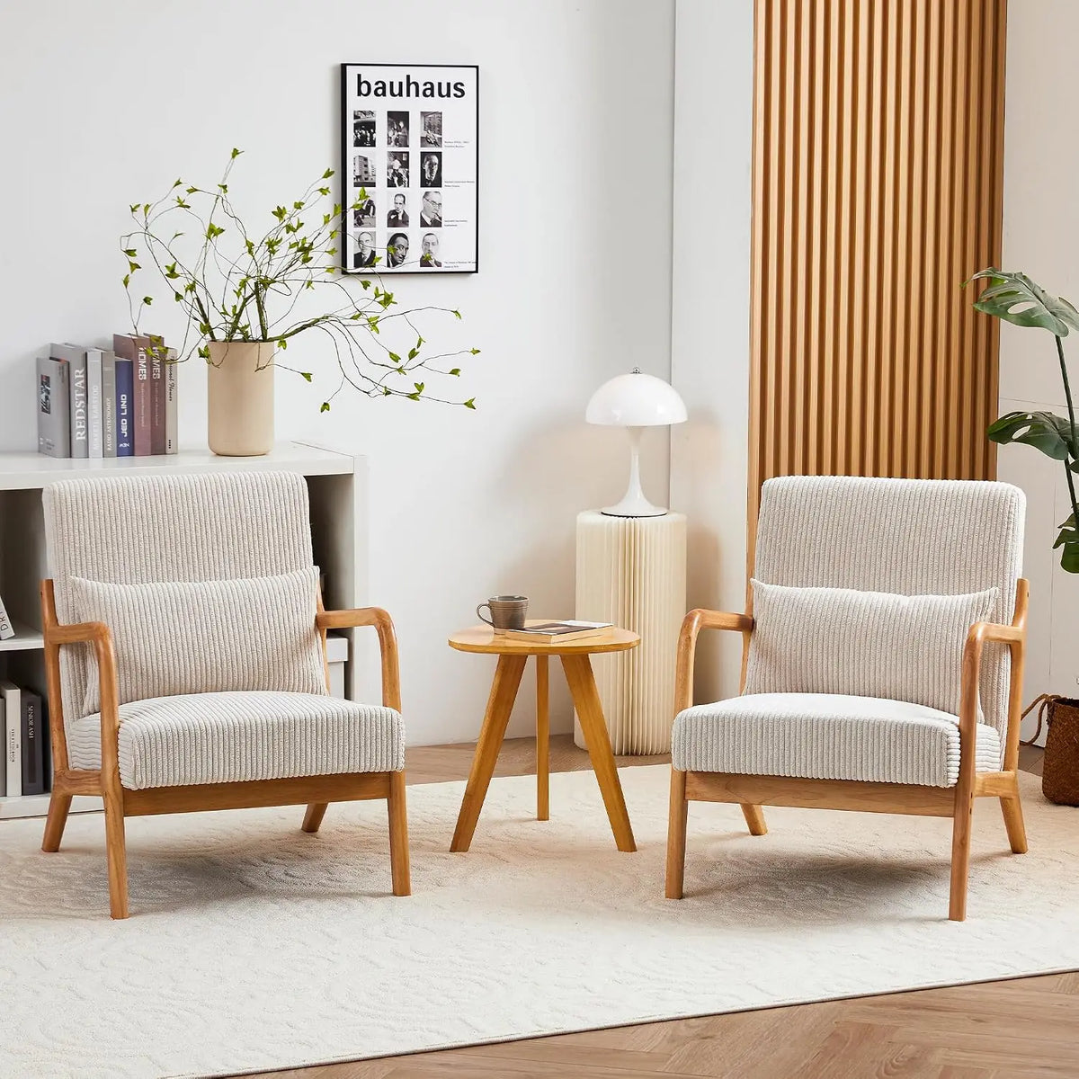 Mid Century Modern Upholstered Fabric Accent Armchairs Set of 2 with Lumbar Pillows & Solid Rubberwood Frame, Customized