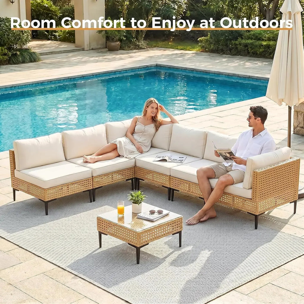 7-Piece Patio Furniture Set With Non-Slip Cushions & Coffee Table | 6 Seats All Weather Wicker Outdoor Sectional Set