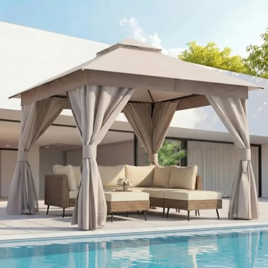 Gazebo 10x10ft, Heavy Duty Patio Gazebo with Expansion Bolts, Party Canopy Tent with Double Roofs, Mosquito Nettings and Privac