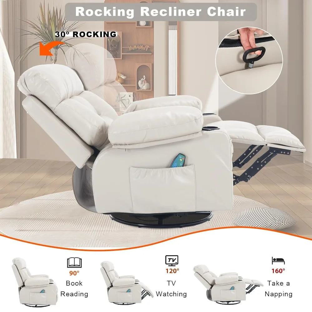 Swivel Rocker Recliner with Heat and Massage, Heated Massaging Reclining Chair with Cup Holders, Faux Leather, Customized