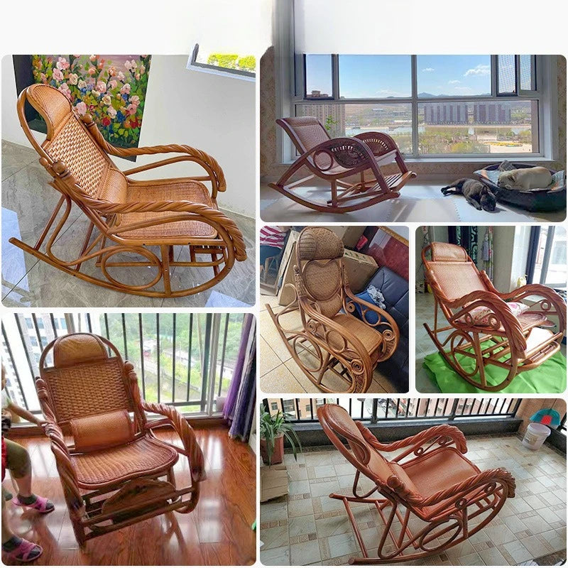 natural real rattan happy elderly solid wood rocking balcony household rattan rocking chair rattan