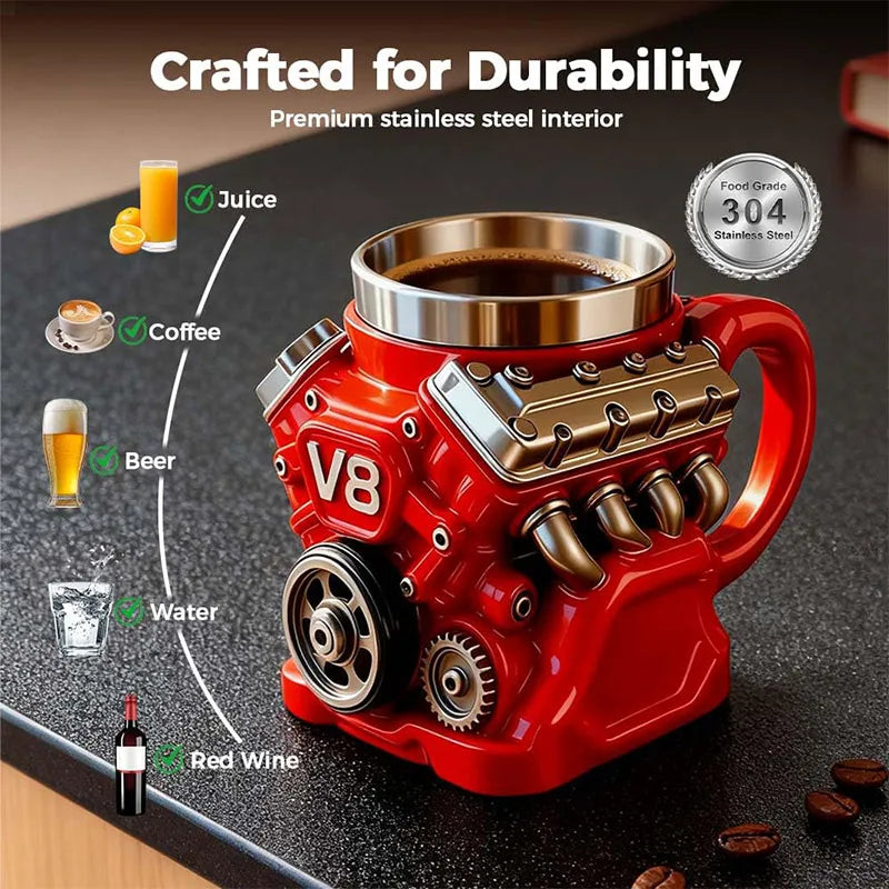V8 Engine Coffee Mug, Retro Engine Coffee Mug V8 Stainless Steel Cup Double Wall Insulation With Handle For Car Enthusiast Gift