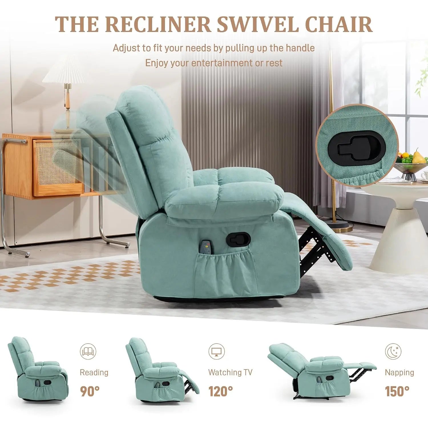 Recliner Chairs with Massage and Heat,Manual Recliner with Side Pockets, Reclining Chairs with Comfortable Arms and, Customized