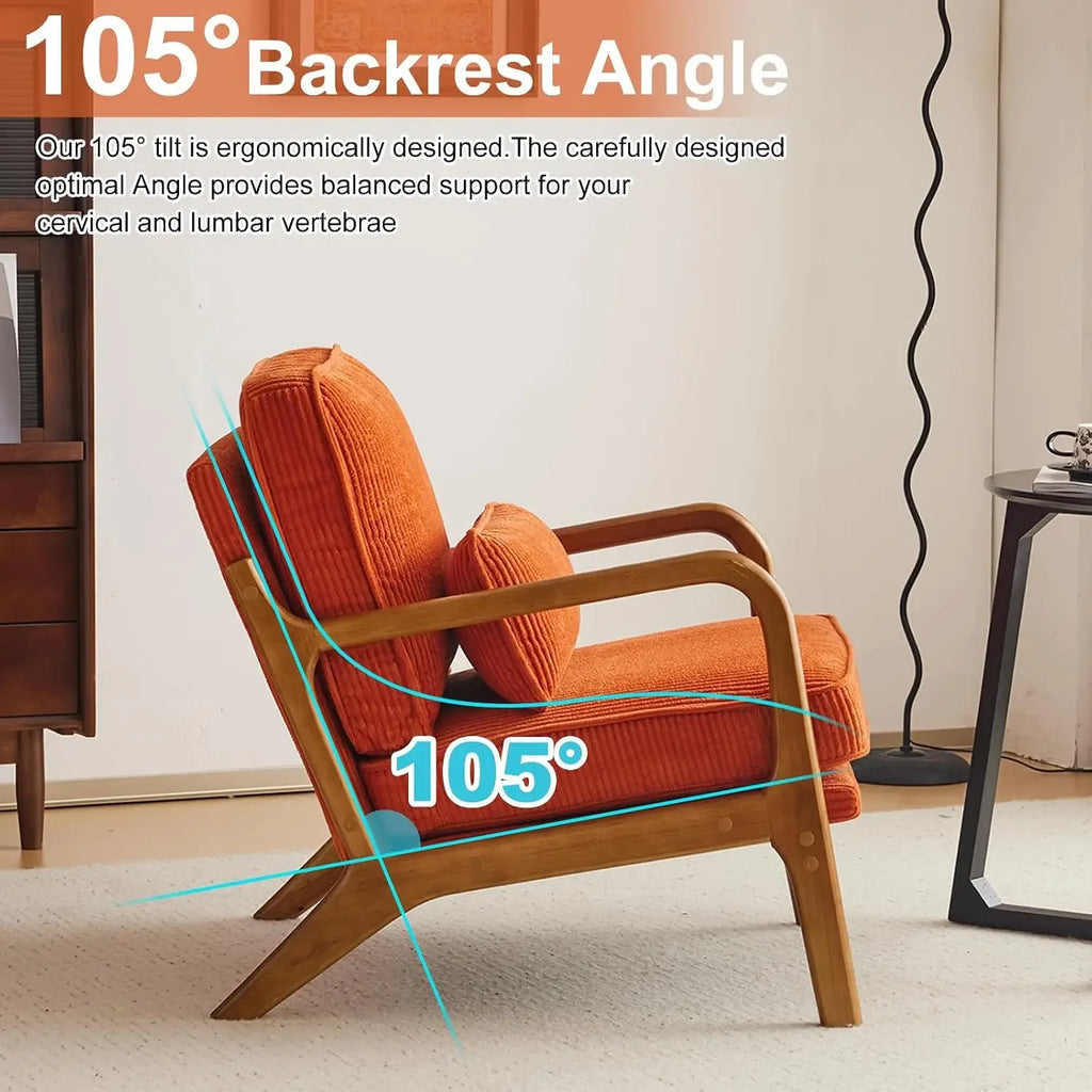 Mid-Century Modern Accent Reading Chair, Orange | Corduroy Upholstered, Solid Wood Frame, Soft Cushion, Lumbar Pillow, Lounge Ar