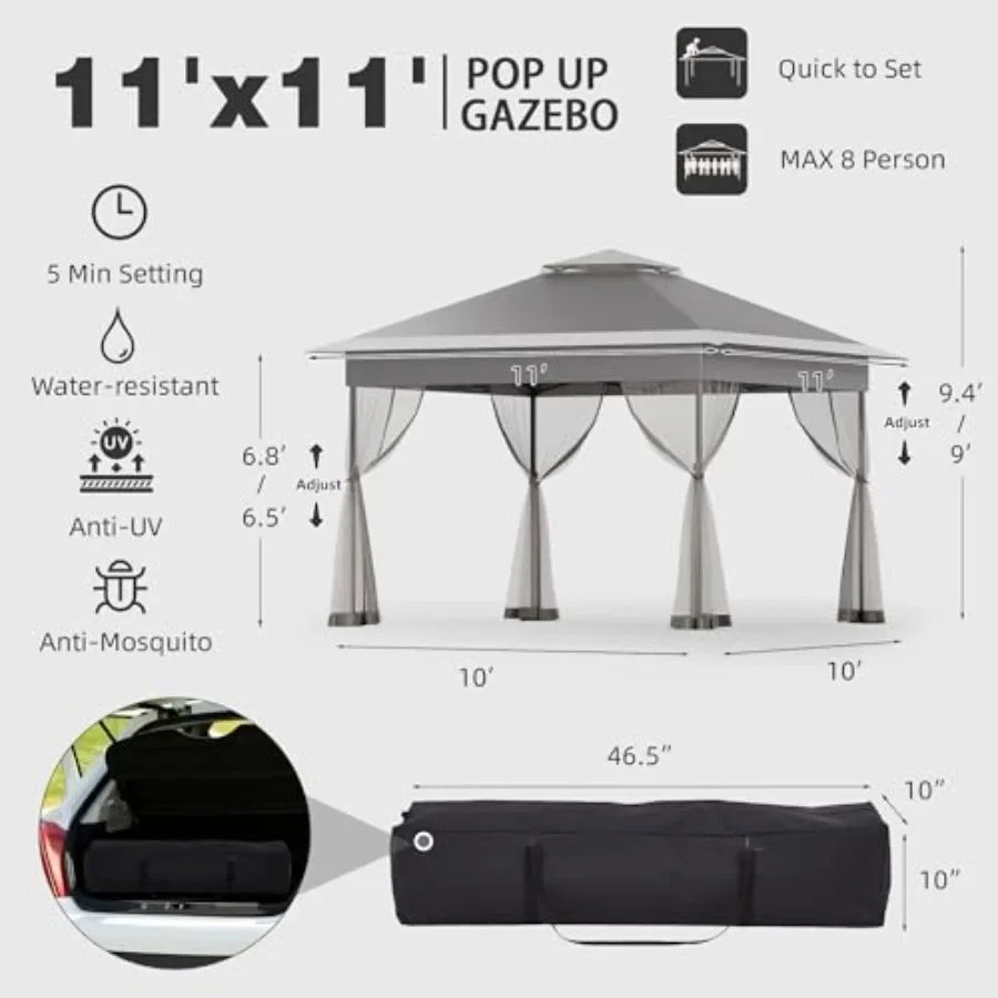 11x11 Pop Up Gazebo with Mosquito Netting Easy 1-Person Setup Water-Resistant Backyard  for Family Patio Garden Use