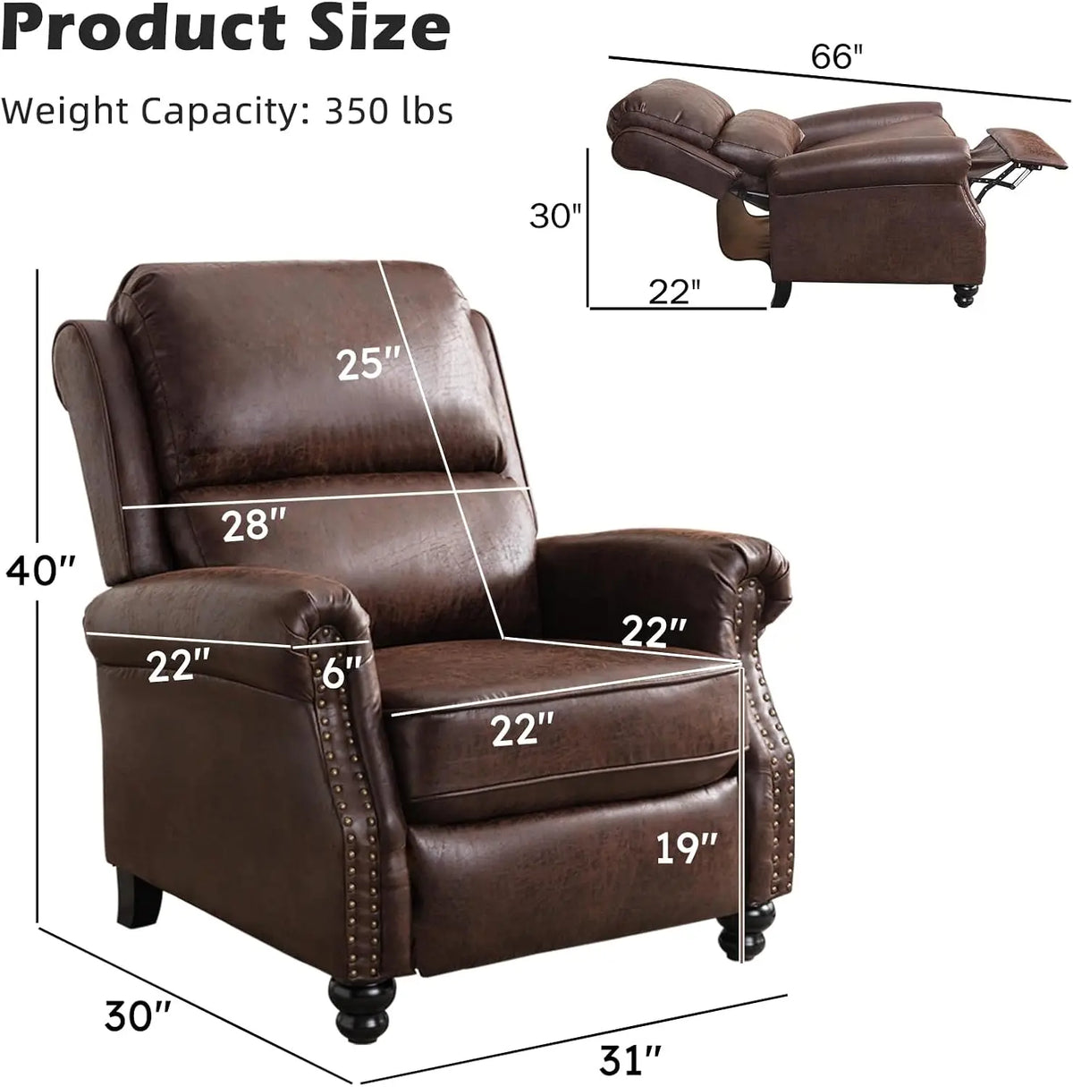 Push Back Recliner Chair Faux Leather Lounge Armchair with Rivet Decoration Wingback Single Sofa Chair with Padded Seat Solid