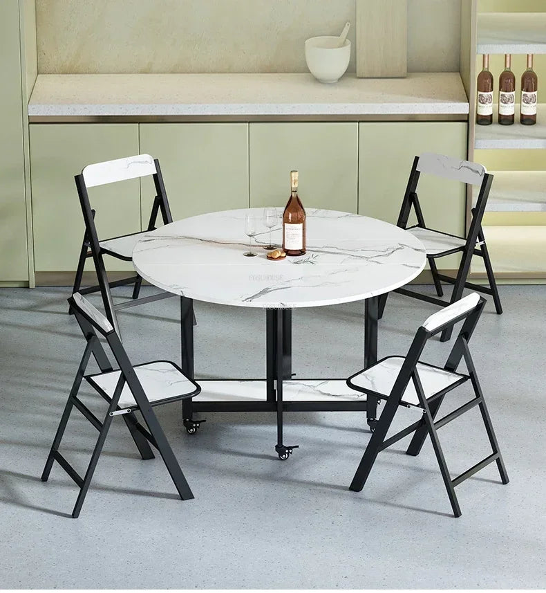Home Folding Dining Table Set with Chairs Mobile Round Furniture Modern Kitchen Living Room Light Luxury Simple Portable