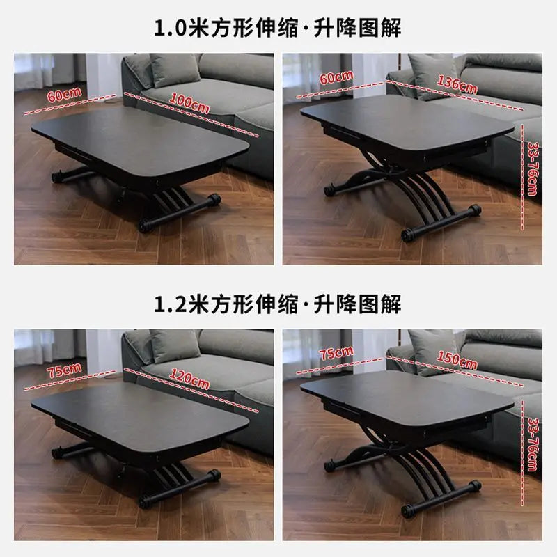 Black light luxury rock slab lifting coffee table dining  dual-purpose retractable mobile dining
