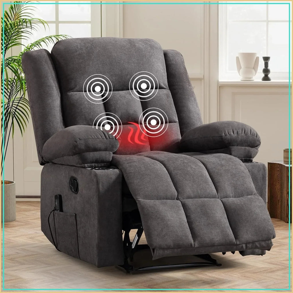 Manual massage heated adult recliner, armchair with two cup holders and side pockets, living room recliner sofa, gray