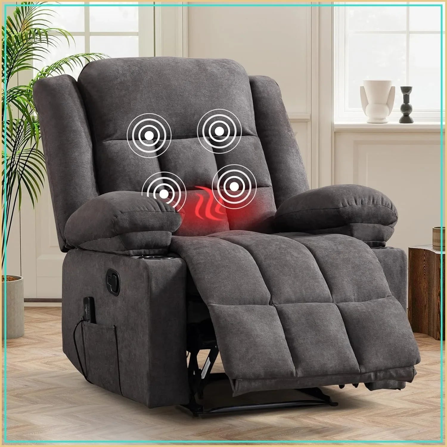 Manual massage heated adult recliner, armchair with two cup holders and side pockets, living room recliner sofa, gray