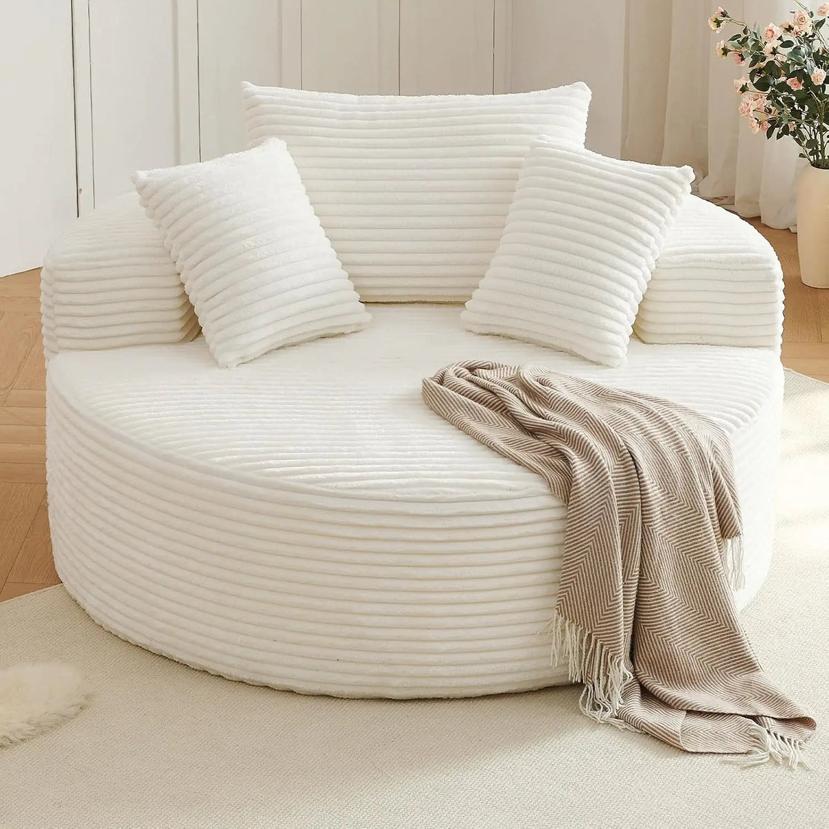 Oversized Round Chair Lounge Chaise Indoor, Upholstered Corduroy Deep Seat Cloud Large Circle Sofa Chair, No Assembly