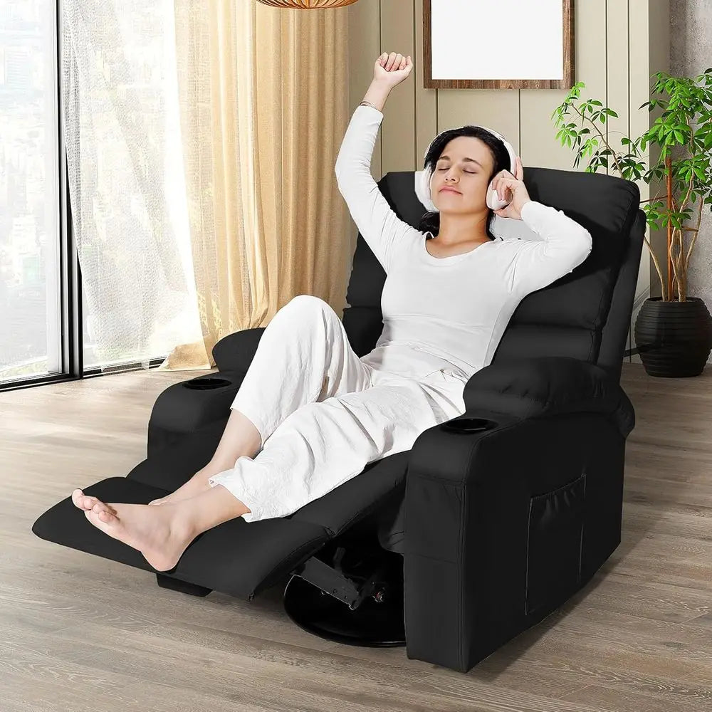Rocking Recliner Chair, Massage Rocker Recliner Chair with Vibration Massage and Heat, 360° Swivel aux Leather Chairs, Living Ro