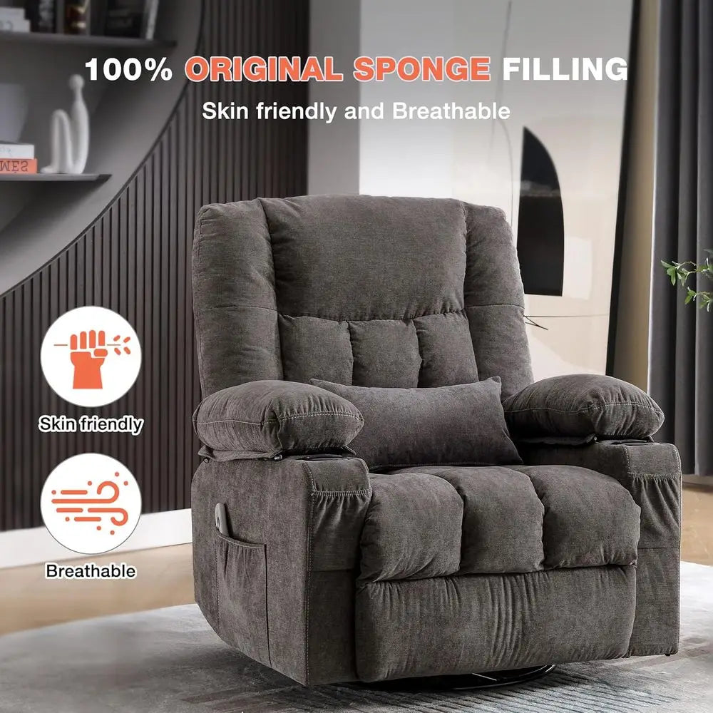 Massage Swivel Recliner Chair with Vibration Massage and Lumbar Heating for Adults, Oversized Rocker Recliner Sofa with Side Poc