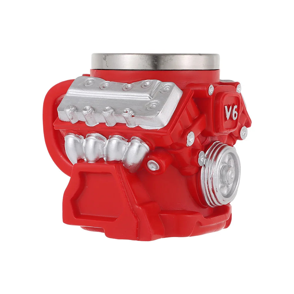 Retro Engine Coffee Mug with Handle 300ML 15oz V6 Engines Stainless Steel Cup Realistic Design Double Wall Insulation Car Mug