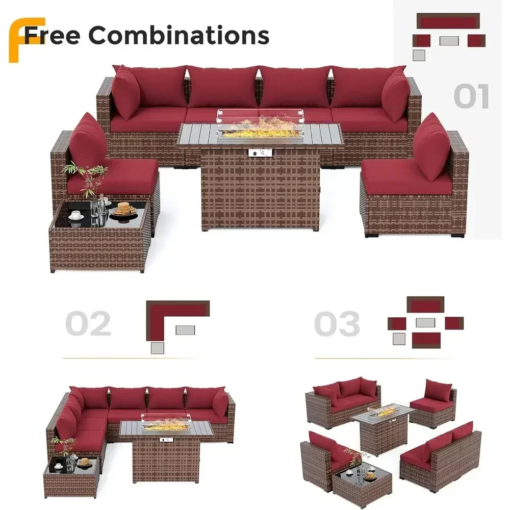 Outdoor Patio urniture Set with ire Pit Table, 8 Piece Outdoor Sectional Soas, All-Weather Wicker Patio Contion Set or Garden, B