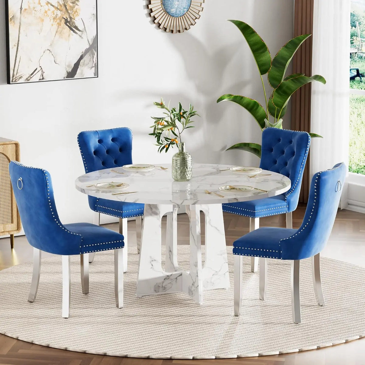 47" Round Farmhouse Dining Table Set, White Faux Marble with 4 Blue Velvet Chairs, Wooden Kitchen & Dining Furniture, Customized