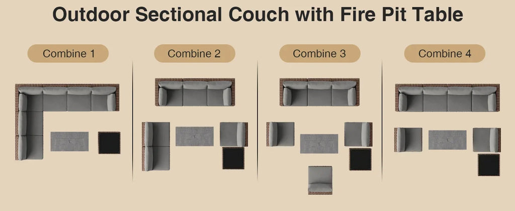 Qsun 8 Pieces Outdoor Patio Furniture Set with 44.9" Fire Pit Table, All-Weather Wicker Outdoor Patio Sectional Set with Coffee